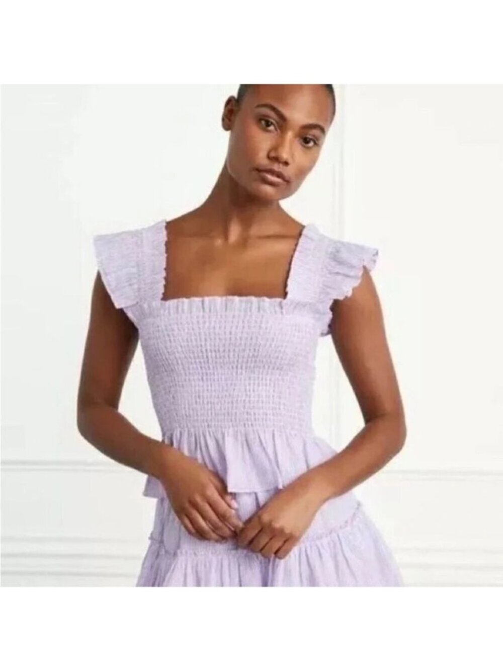 NWOT Hill House The Paz Top‎ Linen Women's Size L Lilac Stripe Smocked